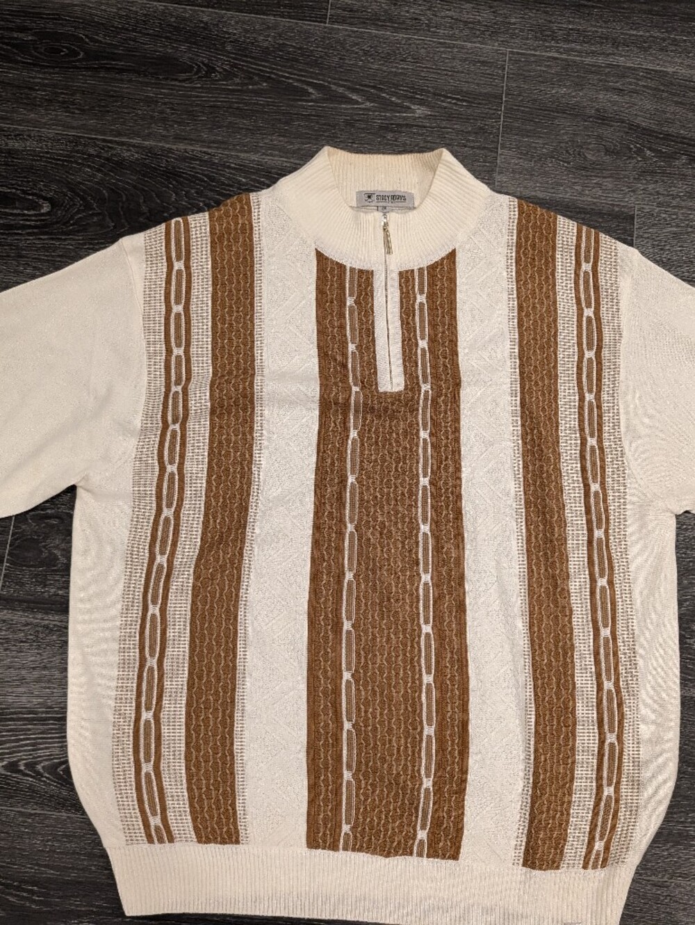 Stacy Adams Cream and Brown Striped Zip-Neck Crewneck Sweater